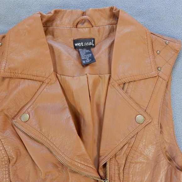 Wet Seal Womens Vest XL Brown Moto Pleather Vegan Faux Leather Studded Zip Snap - Picture 2 of 10